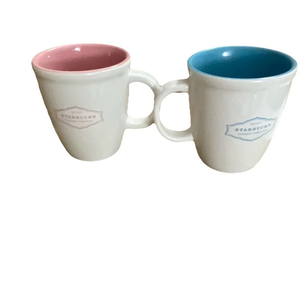 2 Starbucks Est. 1971 Abbey‎ Logo White Pink Blue Coffee Cup 13 oz. 2006 Wedding